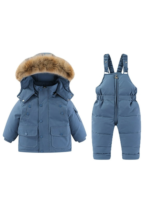 Kids Boys Girls Winter Outfit Sets, Full Zip Outdoor Warm Puffer Jacket and Jumpsuit Set Blue Size 4-6 T