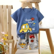 Cethrio Toddler Boys Outfit Set, Cartoon Print Short Sleeve Cotton Shirts and Shorts Sets Navy Size 3 T