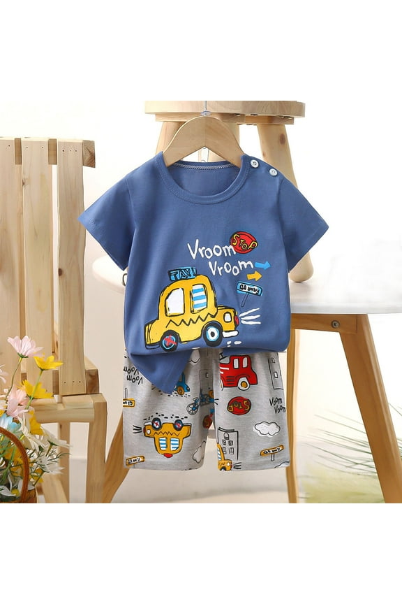 Kids Boys Outfit Set, Cartoon Print Short Sleeve Cotton Shirts and Shorts Sets Navy Size 3 T
