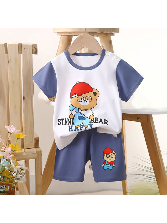 Kids Boys Outfit Set, Cartoon Print Short Sleeve Cotton Shirts and Shorts Sets Navy Size 3 T