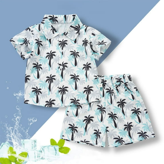 Cethrio Kids Boys Outfit Sets, Hawaiian Beach Summer Cotton Shirts and Shorts Set Light Blue Size 5-6 T