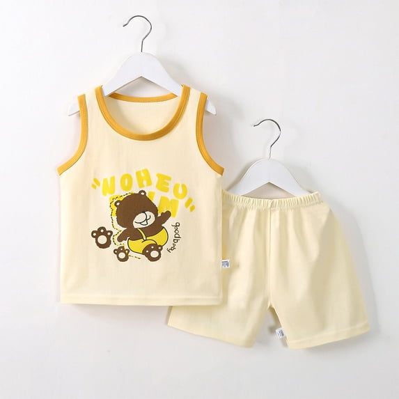 Cethrio Kids Boys Outfit Sets, Summer Cotton Print Shirts and Shorts Sets Yellow Size 9-18 Months