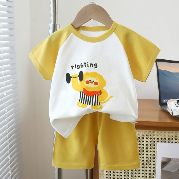 Cethrio Kids Boys Outfit Sets, Summer Cotton Short Sleeve Shirts and Shorts Sets Yellow Size 9-18 Months