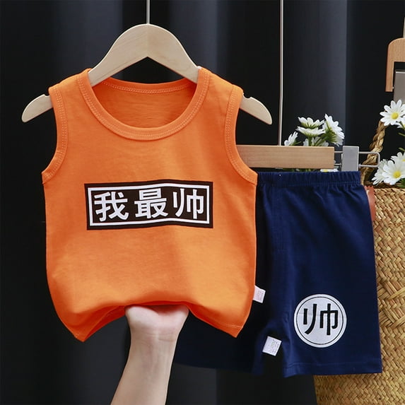 Cethrio Kids Boys Outfit Sets, Summer Cotton Sleeveless Shirts and Shorts Set Orange Size 1-2 T