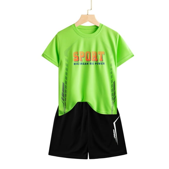 Cethrio Kids Boys Outfit Sets, Summer Elastic Waist Athletic Basketball Shirts and Shorts Set Green Size 5-6 T