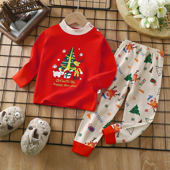 Cethrio Kids Boys Pajama Sets, Soft Cotton 2 Piece Fall Winter Sleepwear Red Size 2-3 T