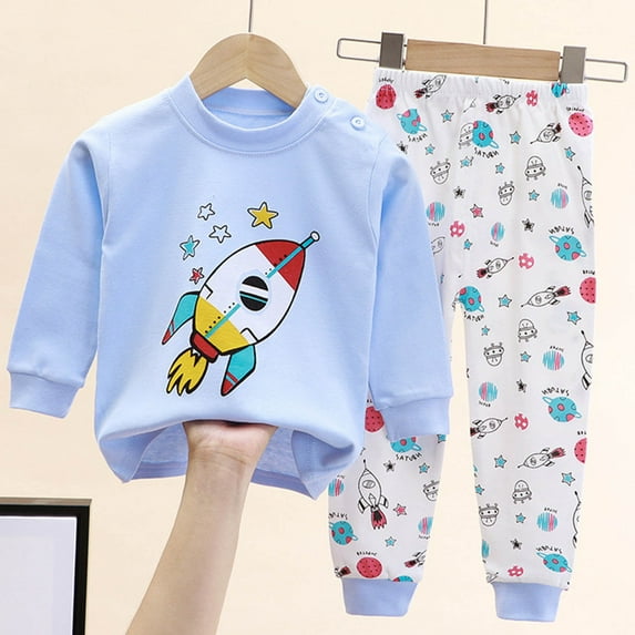 Cethrio Kids Boys Pajama Sets, Soft Long Sleeve Cotton Printed Kids Outfit Sets Blue Size 5-6 T