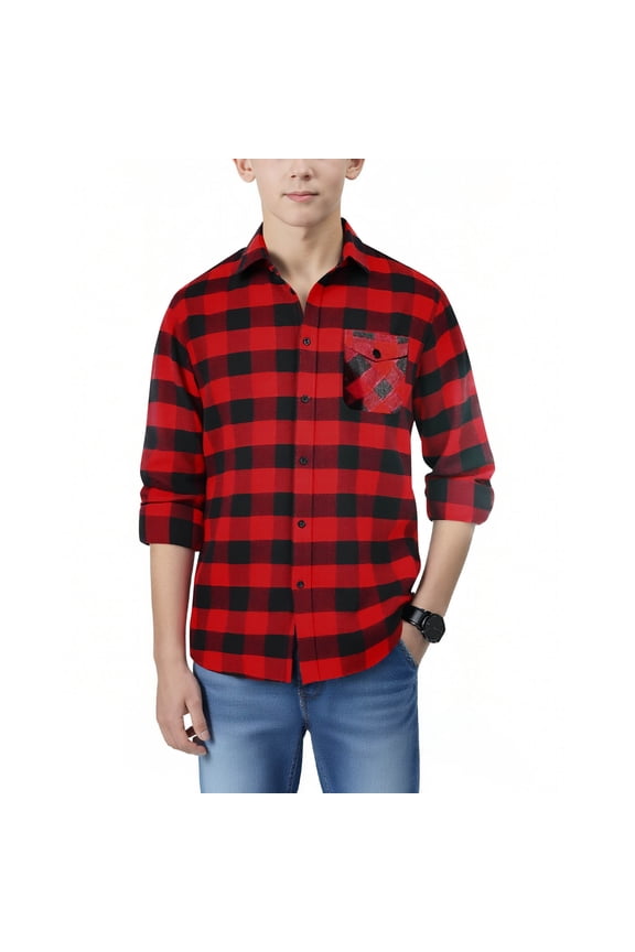 Kids Boys Plaid Shirts, School Lightweight Long Sleeve Collared Button Down Shirts Red Size 5T
