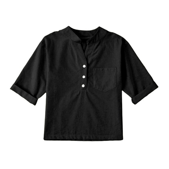 Cethrio Kids Boys Short Sleeve Shirts, Cotton Linen Casual Summer Button Down Shirts Black Size 5-6T