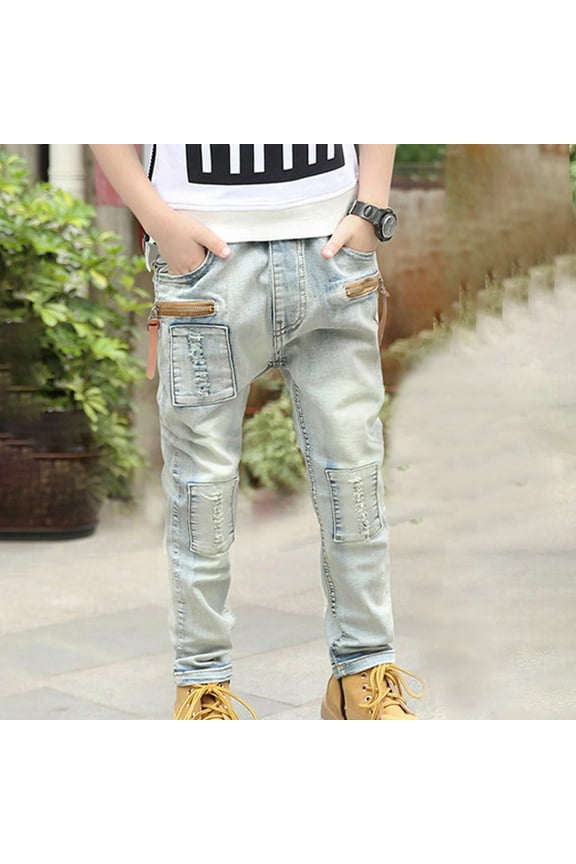Kids Boys Slim Jeans, Stretchy Elastic Waist Casual Denim Pants Light Blue Size 7 T