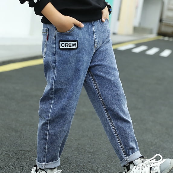 Cethrio Kids Boys Slim Straight Jeans, Stretch Casual Elastic Waist Pants with Pockets Blue Size S