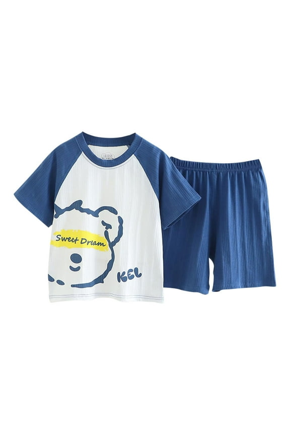 Kids Boys Summer Pajama Sets, Cotton 2-piece Short Sleeve Casual Sleepwear Sets Blue Size 10-12