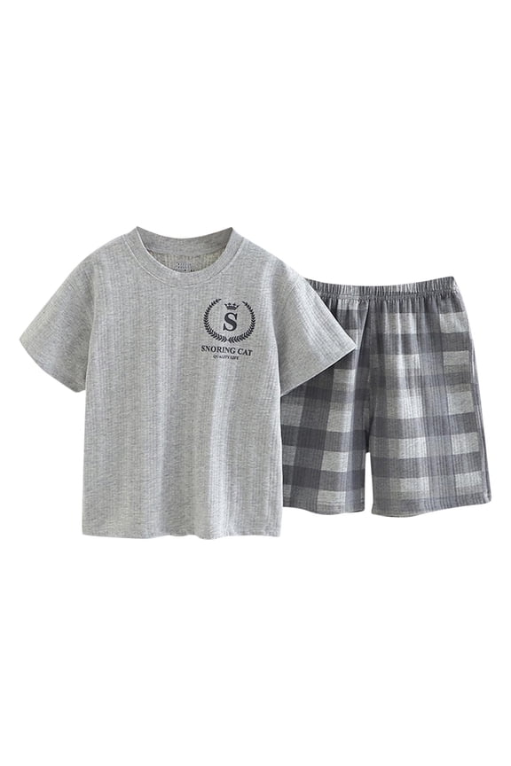 Kids Boys Summer Pajama Sets, Cotton Casual Short Sleeve 2-piece Sleepwear Sets Gray Size 14-16