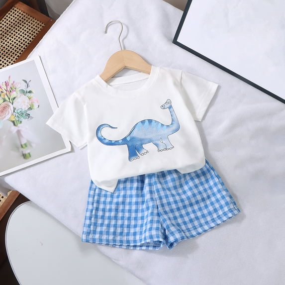 Cethrio Kids Boys' Summer Short Sets, Dinosaur Graphic Cotton 2 Piece Outfit Sets Blue Size 18-24 Months
