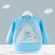 Cethrio Kids Boys Waterproof Bibs, Crew Neck Cute Long Sleeve Printed Feeding Smocks Eating Clothes Light Blue Size 3-5T