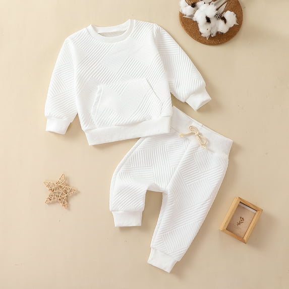 Cethrio Toddler Clothes 2pcs Spring Fall Outfits Solid Color Long Sleeve Sweatshirt Pullover Pants Cute Set 3 Months-3 Years White Size 2Y
