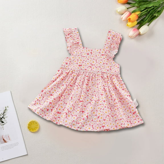Cethrio Kids Girl Sundress Dresses, Cute Cotton Sleeveless Floral Print Summer Dress Pink Size 3T
