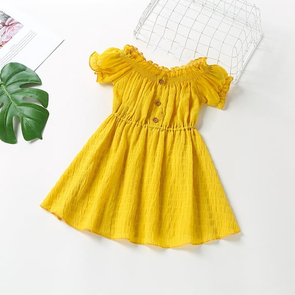 Cethrio Kids Girl Sundress Dresses, Cute Short Sleeve Cotton Solid Color Summer Dress Yellow Size 3T