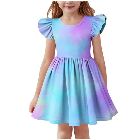 Cethrio Kids Girl's Summer Dresses, Tie Dye Flutter Sleeve A-Line Princess Dresses Birthday Dresses Blue Size 3-4T