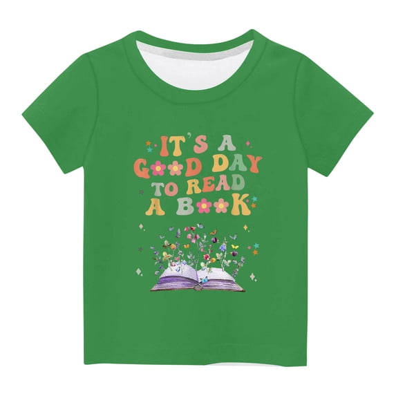 Cethrio Toddler Girls And Boys Graphic Print Shirts, Cotton Crew Neck World Book Day Short Sleeve Fashion Girls And Boys Summer Clothes Green 5 T