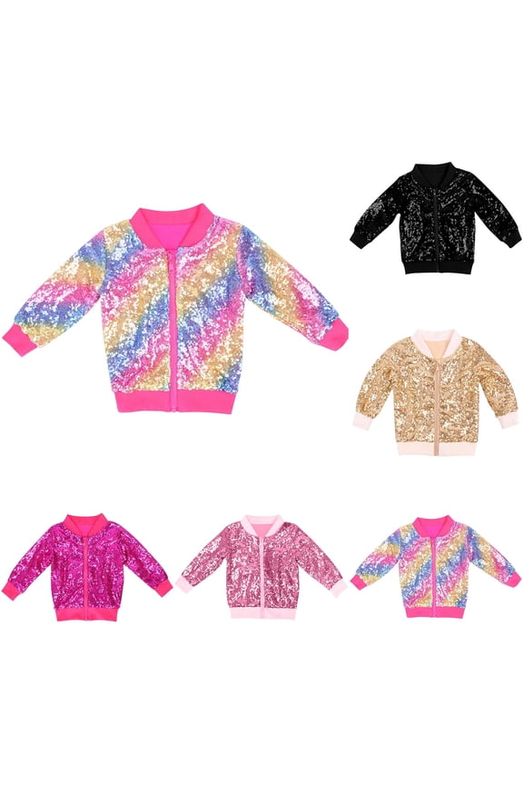 Kids Girls Bomber Jackets, Performance Long Sleeve Dance Sequin Spring Fall Outerwear Black Size 3-8 T