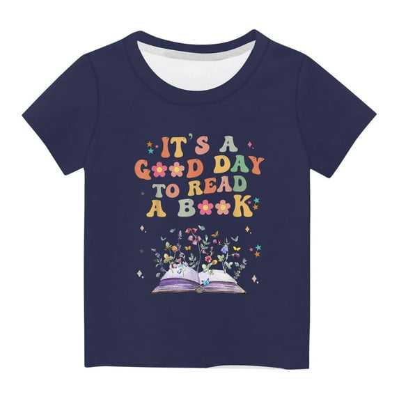 Cethrio Toddler Girls And Boys Graphic Print Shirts, Crew Neck World Book Day Fashion Short Sleeve Cotton Girls And Boys Summer Clothes Big Swim Trunks Navy
