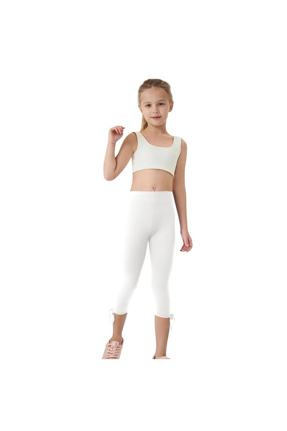 Kids Girls Capri Leggings, Athletic Dance Stretch Elastic Waist Summer Pants White Size 3-4 T