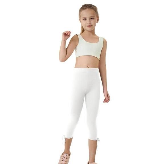 Cethrio Kids Girls Capri Leggings, Dance Elastic Waist Stretch Athletic Summer Pants White Size 6-7 T