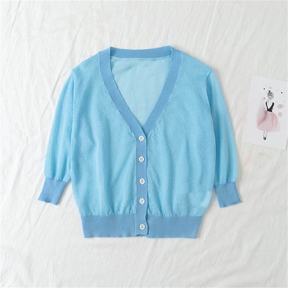 Cethrio Kids Girls Cardigans Sweaters, Cotton Lightweight Long Sleeve Kids Coats Blue Size 3-4 T