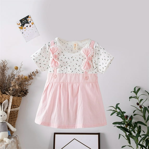 Cethrio Kids Girls Casual Dresses, Cotton Cute Bow Short Sleeve Summer Dress Pink Size 2T