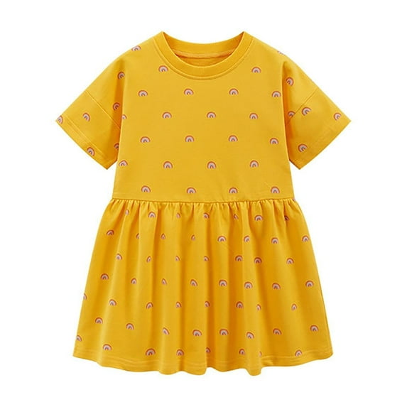 Cethrio Kids Girls Casual Dresses, Cotton Cute Short Sleeve Printed Summer Dress Yellow Size 5T