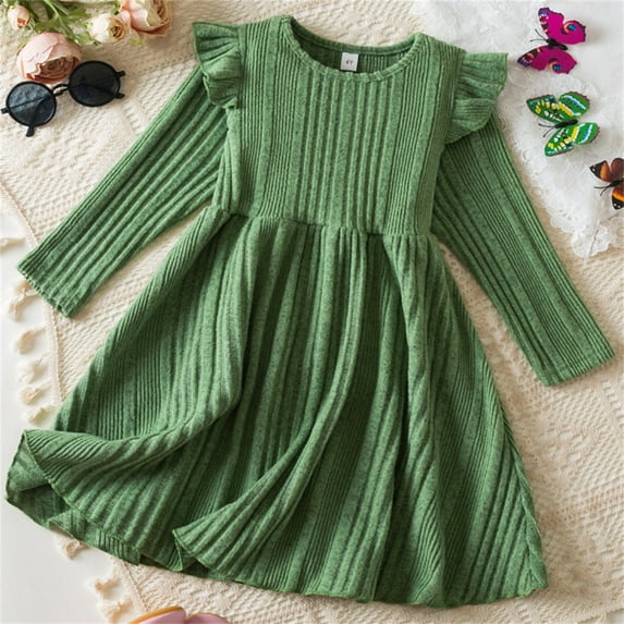 Cethrio Kids Girls Casual Dresses, Long Sleeve Birthday Party Knit Cotton Princess Dress Green Size 4-5 T