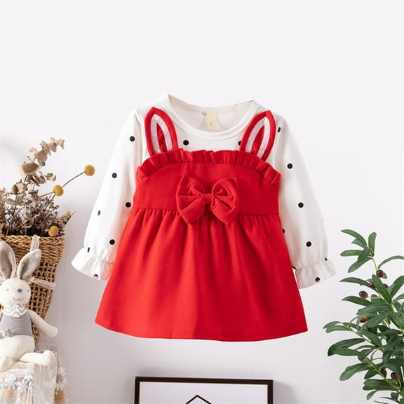 Cethrio Kids Girls Casual Dresses, Long Sleeve Cute Printed Cotton Summer Dress Red Size 3T