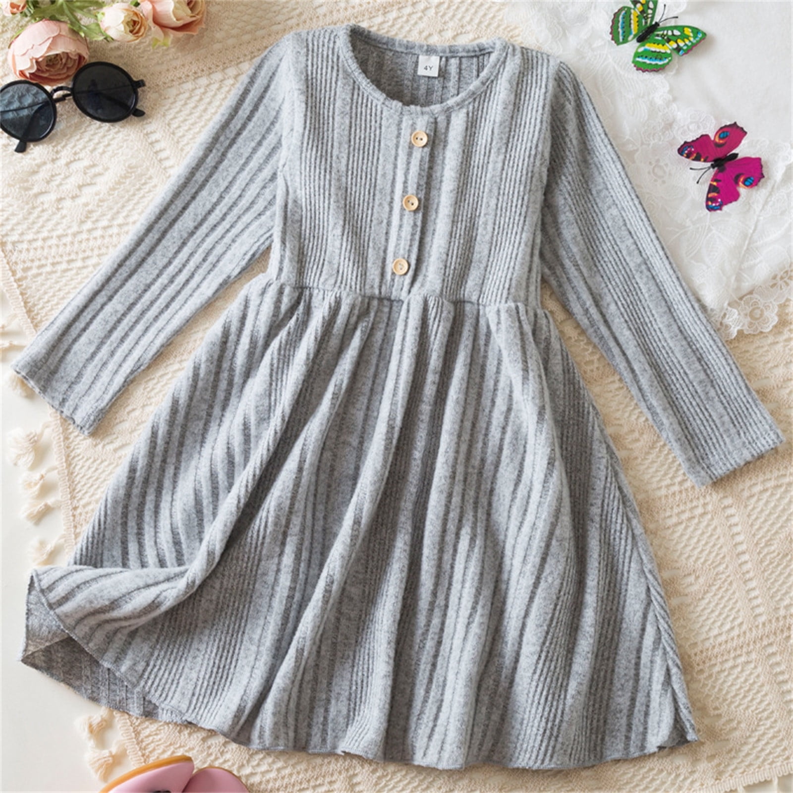 Cethrio Kids Girls Casual Dresses, Long Sleeve Knit Cotton Party Fall Princess Dress Gray Size 5-6 T