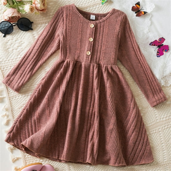 Cethrio Kids Girls Casual Dresses, Party Knit Cotton Fall Long Sleeve Princess Dress Brown Size 5-6 T