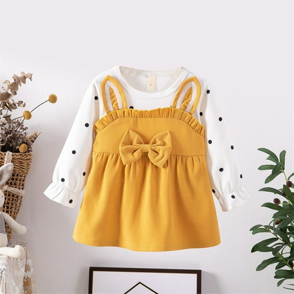 Cethrio Kids Girls Casual Dresses, Printed Cute Cotton Long Sleeve Summer Dress Yellow Size 4T