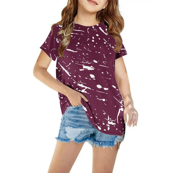 Cethrio Toddler Girls Casual T-Shirts, Crew Neck Printed Short Sleeve Summer Tops Wine Size 5 T