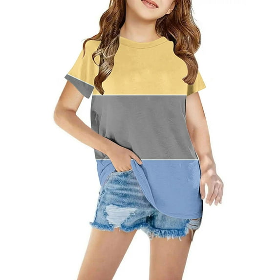 Cethrio Kids Girls Casual T-Shirts, Stripe Short Sleeve Crew Neck Summer Tops Yellow Size 5 T