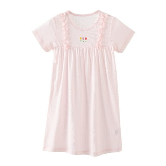 Cethrio Kids Girls Cotton Nightgowns, Comfy Summer Short Sleeve Crewneck Girls Sleep Dresses Pink Size 12