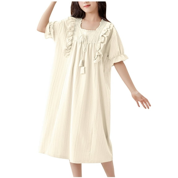 Cethrio Kids Girls Cotton Nightgowns, Ruffled Comfy Short Sleeve Summer Sleep Dresses Beige Size 7-8