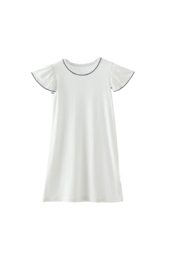 Kids Girls Cotton Nightgowns, Short Sleeve Summer Soft Crewneck Girls Sleep Dresses White Size 9-10T