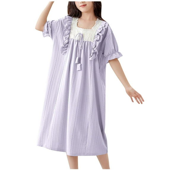 Cethrio Kids Girls Cotton Nightgowns, Summer Ruffled Short Sleeve Comfy Sleep Dresses Purple Size 7-8