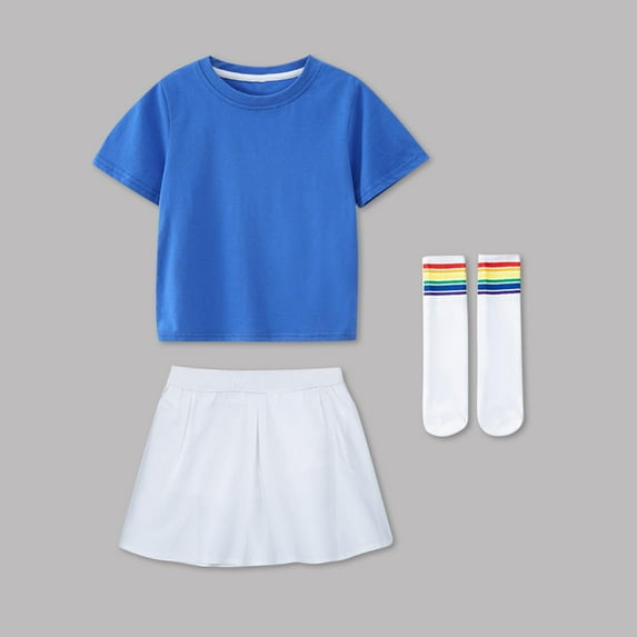 Cethrio Kids Girls Cotton Outfit Sets, Short Sleeve Summer 3 Piece T-shirts Skirts and Socks Sets Blue Size 5T