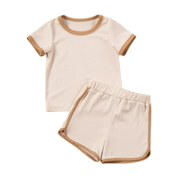 Cethrio Kids Girls Cotton Outfit Sets, Solid Color Short Sleeve Summer T-shirts and Shorts Beige Size 3T
