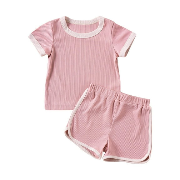 Cethrio Kids Girls Cotton Outfit Sets, Solid Color Summer Short Sleeve T-shirts and Shorts Pink Size 5T