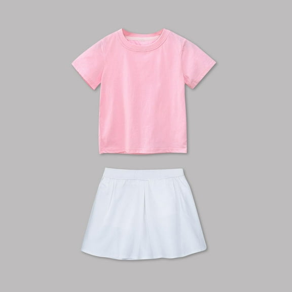 Cethrio Kids Girls Cotton Outfit Sets, Summer Short Sleeve 2 Piece T-shirts with Skirts Pink Size 1-2T
