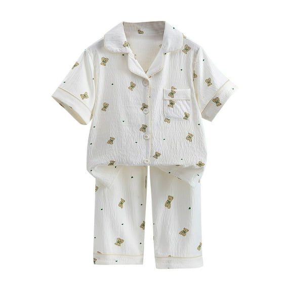 Cethrio Kids Girls Cotton Pajama Sets, Collared Summer Printed Short Sleeve Girls' Sleepwear Sets Multicolor Size 14-16