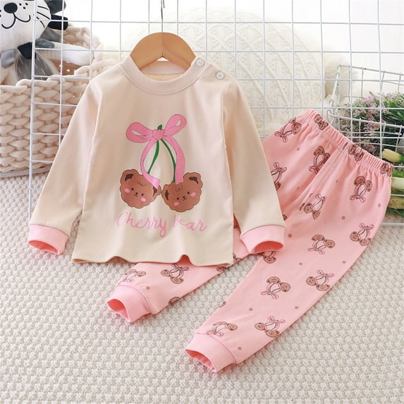 Cethrio Kids Girls Cotton Pajama Sets, Comfy Crewneck Long Sleeve 2 Piece Girls' Sleepwear Pink Size 3-4 T