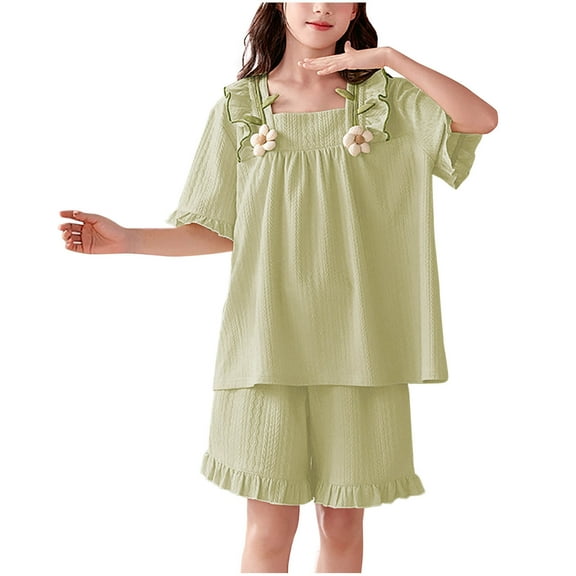 Cethrio Kids Girls Cotton Pajama Sets, Comfy Short Sleeve Ruffled Summer Girls' Sleepwear Sets Green Size 14-16