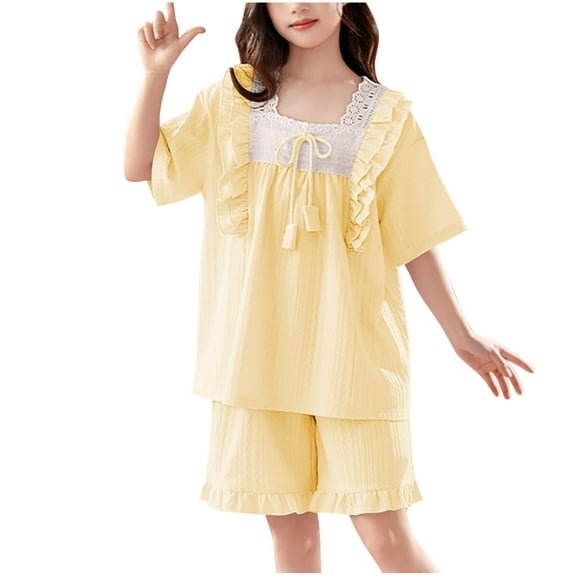Cethrio Kids Girls Cotton Pajama Sets, Ruffled Soft Short Sleeve Summer Girls' Sleepwear Sets Yellow Size 16